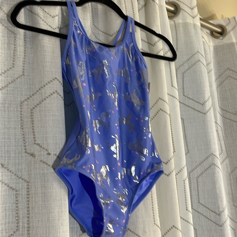 NWT Girl’s 7/8 Blue Unicorn One Piece Bathing Suit Cut Out Back Design Vaca Swim